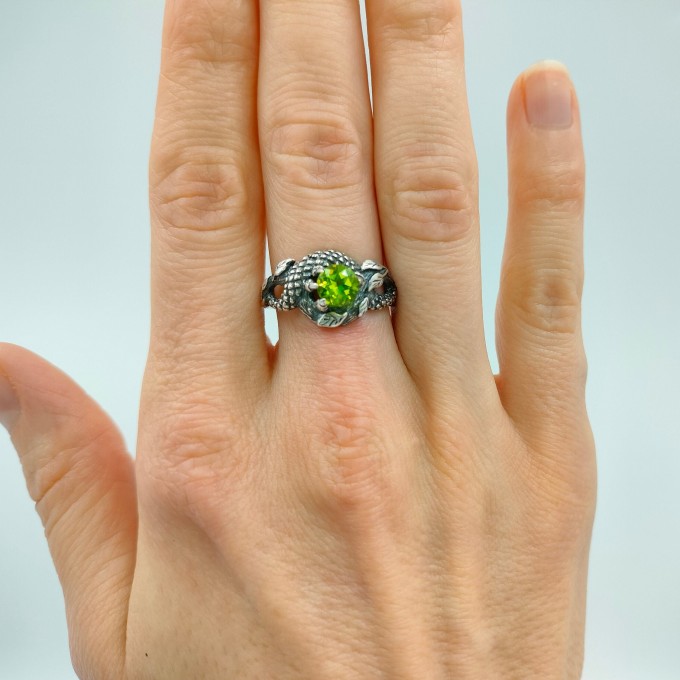 Gothic Dragon Ring with Enchanted Peridot Gemstone.