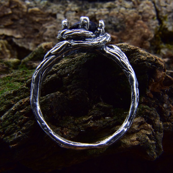 Celestial Grace: Gothic Sterling Silver Ring with Deep Blue Sapphire