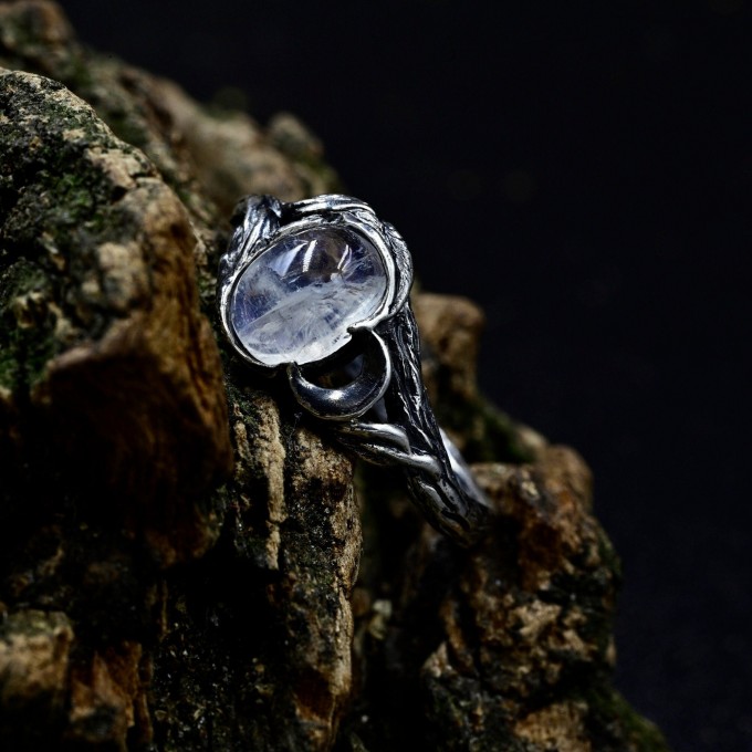 Gothic Moonstone Ring with Elegant Swirling Design