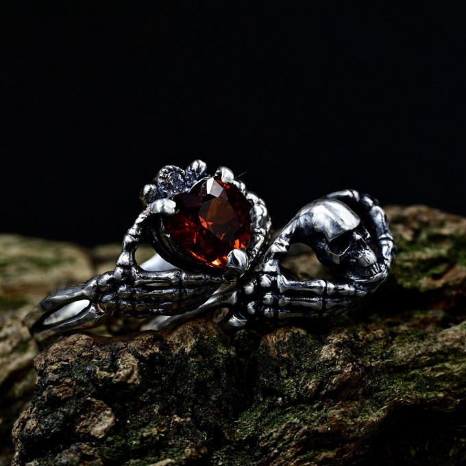 Dark Gothic Silver Ring with Skull and Garnet