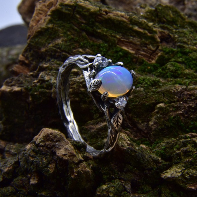 Gothic Silver Ring with a Mystical Opal
