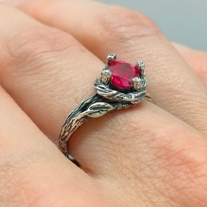 Gothic Ruby Ring with Enchanted Floral Motif