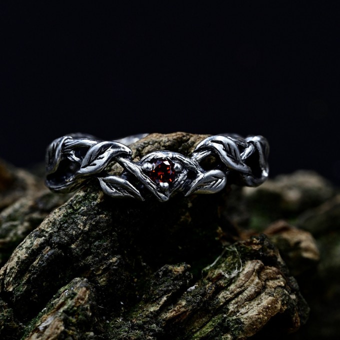 Twisting Vine Gothic Ring with Radiant Garnet