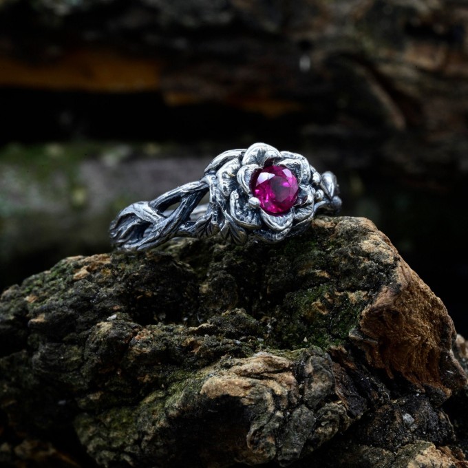 Mens Silver Forest Wedding Band with Braid Tree Branch Whimsical Woodsy Band with Ruby Nature Inspired