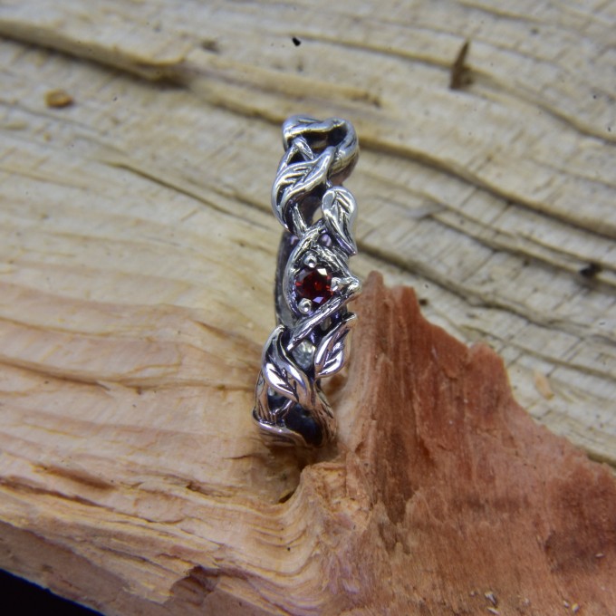 Gothic Garnet Ring with Twisting Vine Motif
