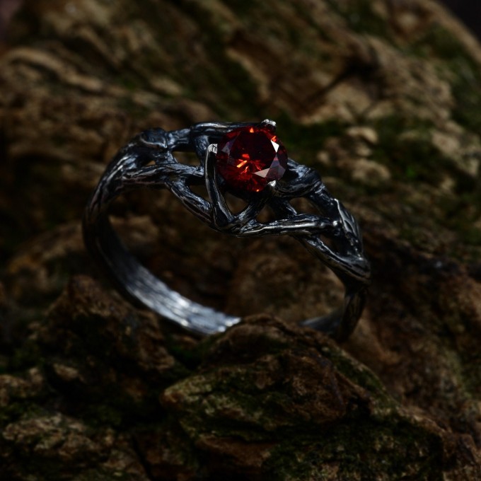 Handcrafted Gothic Silver Ring with Crimson Gem