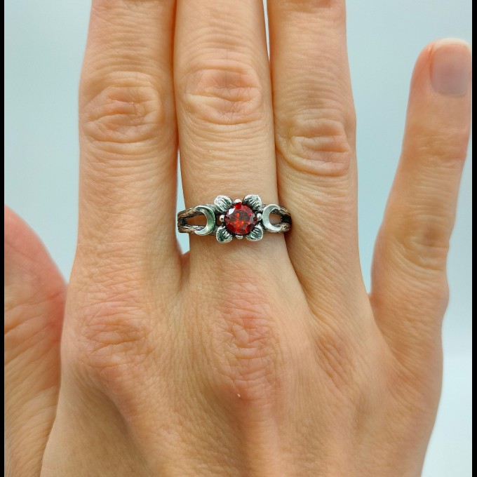 Gothic Floral Ring with Garnet Centerpiece