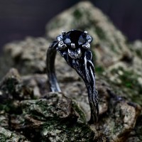 Black Branch and Leaves Silver Nature Wedding Band, Wood Branch and Flower Ring, Floral Engagement Ring for Women, Whimsical Witch Jewelry