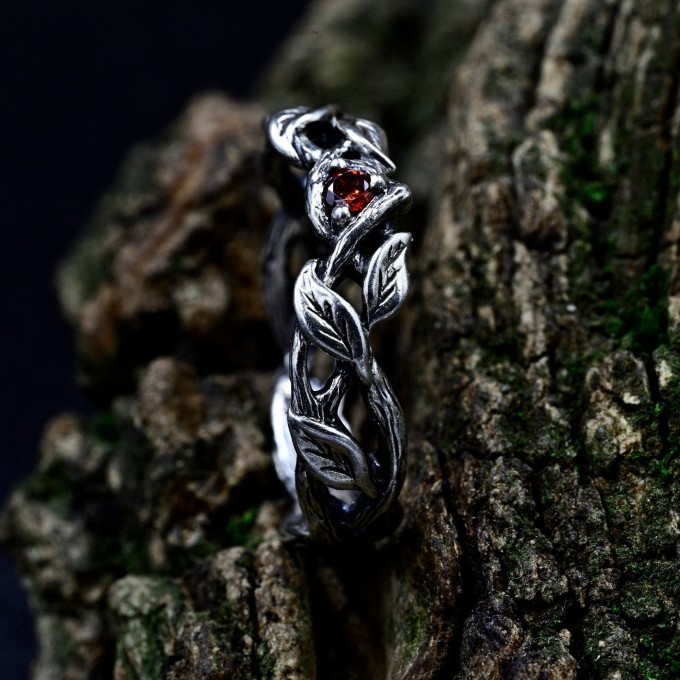 Twisting Vine Gothic Ring with Radiant Garnet