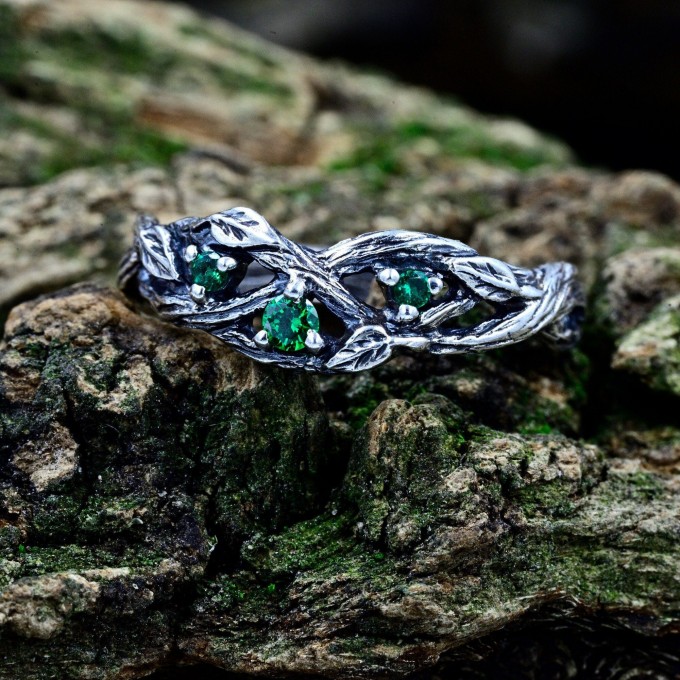 Verdant Majesty: Gothic Sterling Silver Ring with Emerald Gemstones