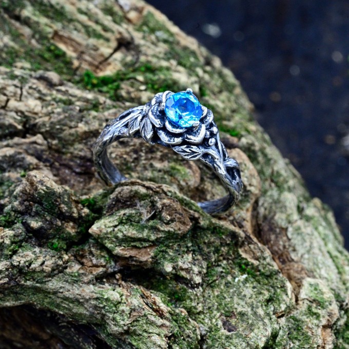 Gothic Floral Ring with Aquamarine|Unique Jewelry for Women