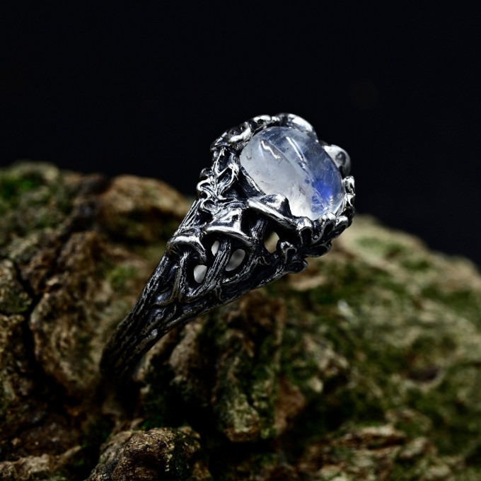 Gothic Moonstone Ring with Intricate Forest Design
