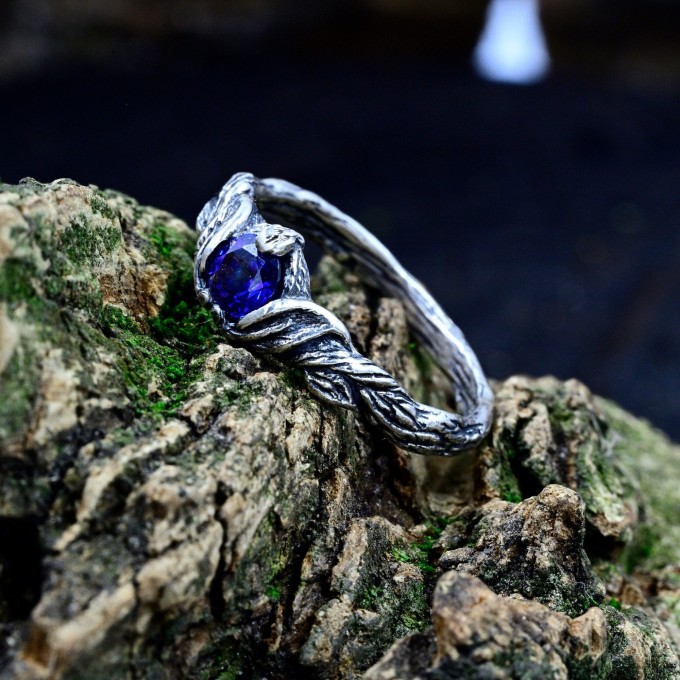Waves of Eternity: Gothic Sterling Silver Ring with Royal Sapphire