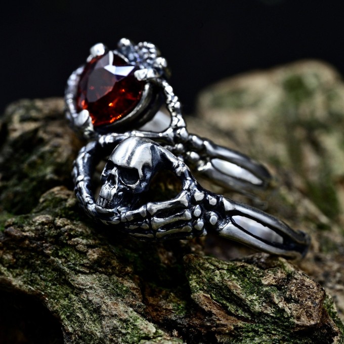 Dark Gothic Silver Ring with Skull and Garnet