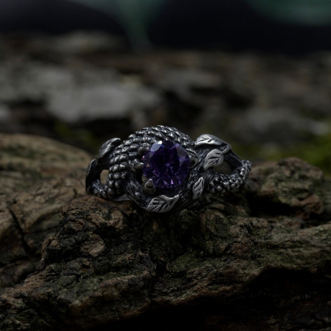 Gothic Dragon Ring with Radiant Amethyst Gemstone