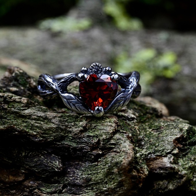 Bold Gothic Ring with Fiery Garnet Gemstone