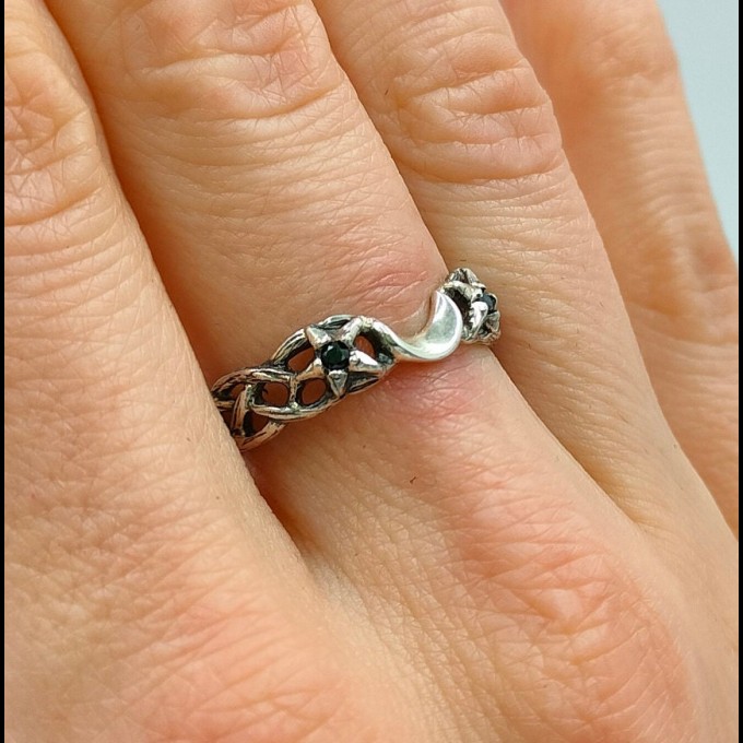 Crescent Moon Gothic Ring with Intricate Woven Band