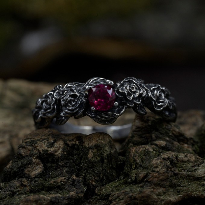 Gothic Silver Ring with Clustered Ruby Accents