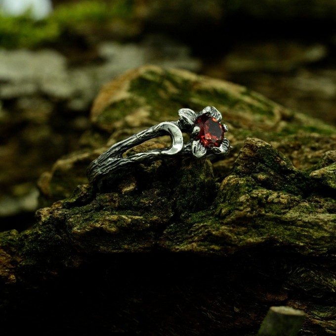 Gothic Floral Ring with Garnet Centerpiece