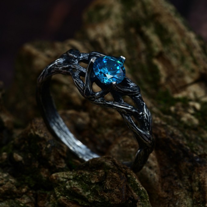 Gothic Silver Ring with Aquamarine and Nature Motif