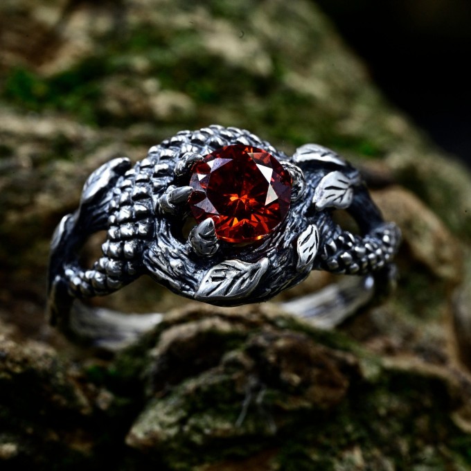 Gothic Dragon Ring with Garnet Gemstone