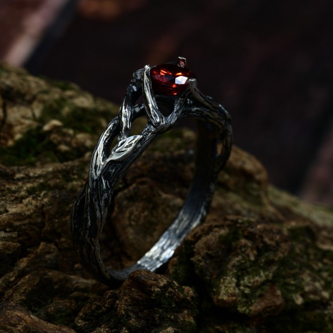 Handcrafted Gothic Silver Ring with Crimson Gem