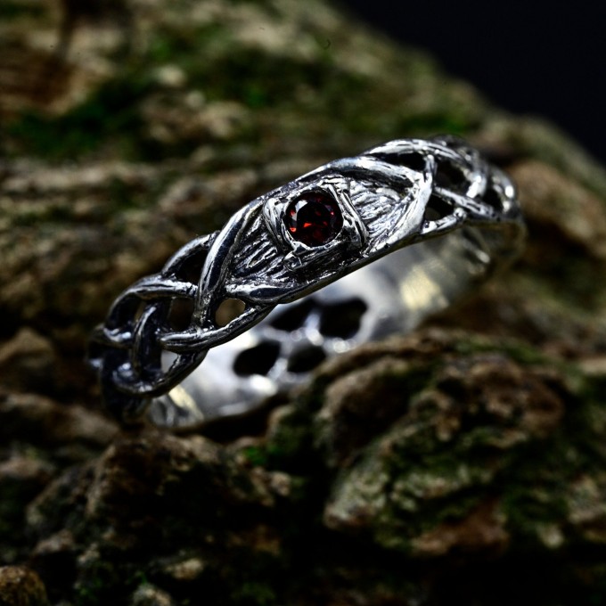 Gothic Silver Ring Embellished with Blood Red Garne