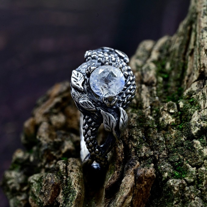 Bold Gothic Ring with Moonstone and Claw Motif