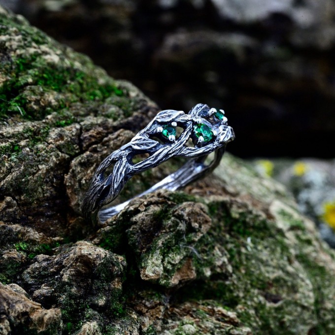 Verdant Majesty: Gothic Sterling Silver Ring with Emerald Gemstones