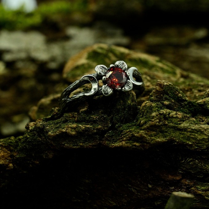 Gothic Floral Ring with Garnet Centerpiece