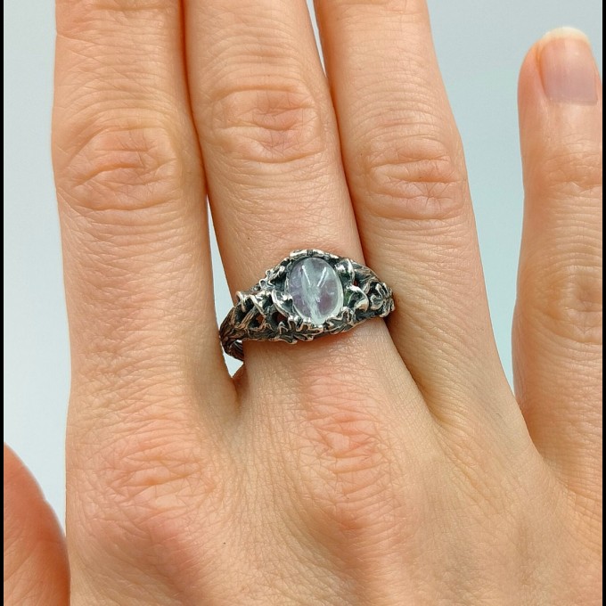 Gothic Moonstone Ring with Intricate Forest Design