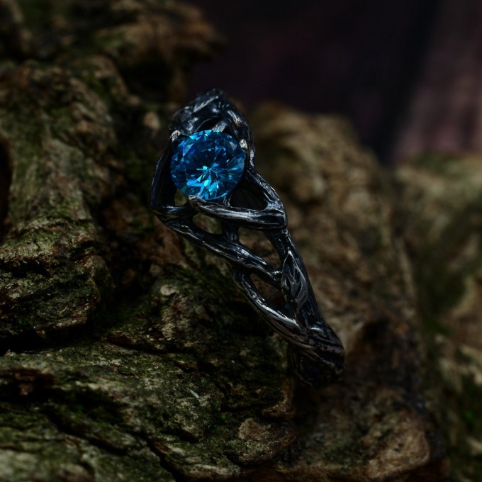 Gothic Silver Ring with Aquamarine and Nature Motif