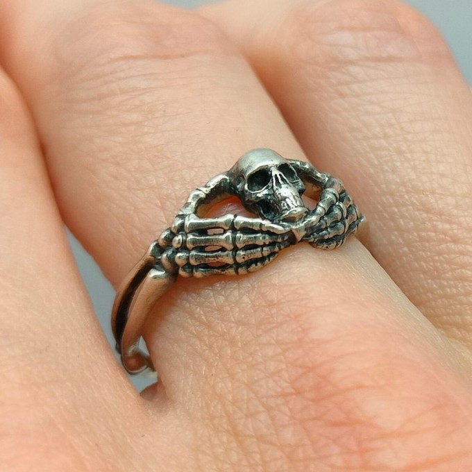 Skeleton Claddagh Engagement Ring with Spooky Skull in Silver Irish Fantasy Wedding Ring for Woman Magic
