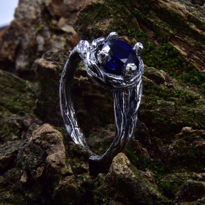 Celestial Grace: Gothic Sterling Silver Ring with Deep Blue Sapphire