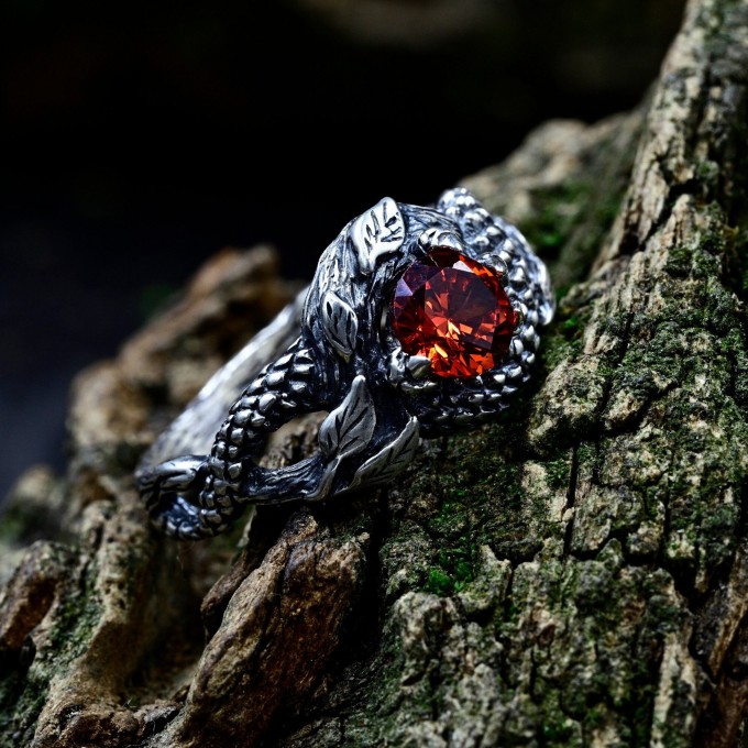 Gothic Dragon Ring with Garnet Gemstone