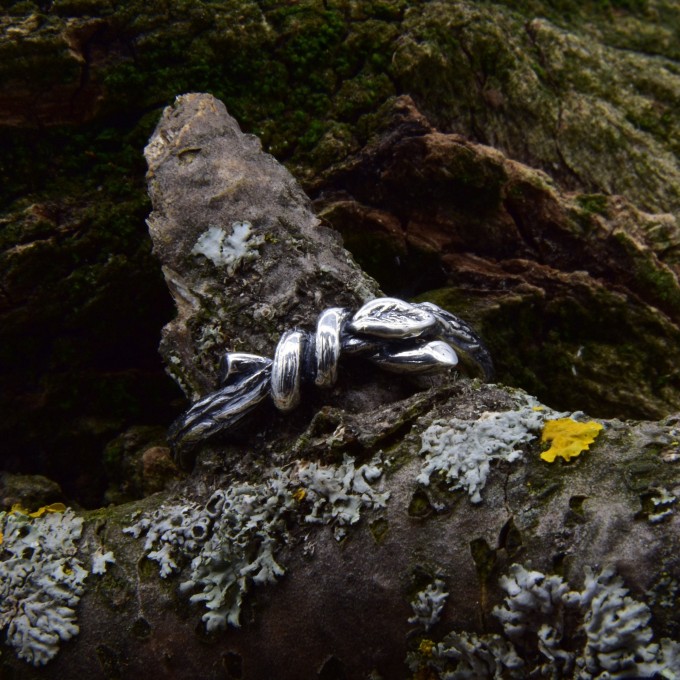 Intricate Twisted Silver Ring with Nature-Inspired Vine Design