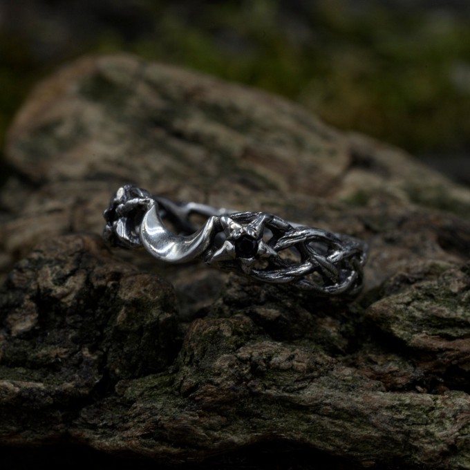 Crescent Moon Gothic Ring with Intricate Woven Band