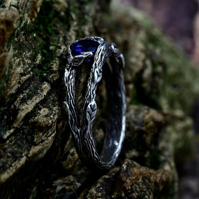 Twilight Veil: Gothic Sterling Silver Ring with Deep Sapphire