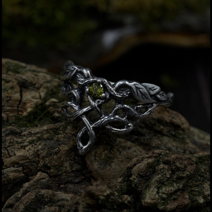 Forest Chevron Twig and Leaf Ring with Peridot for Engagement