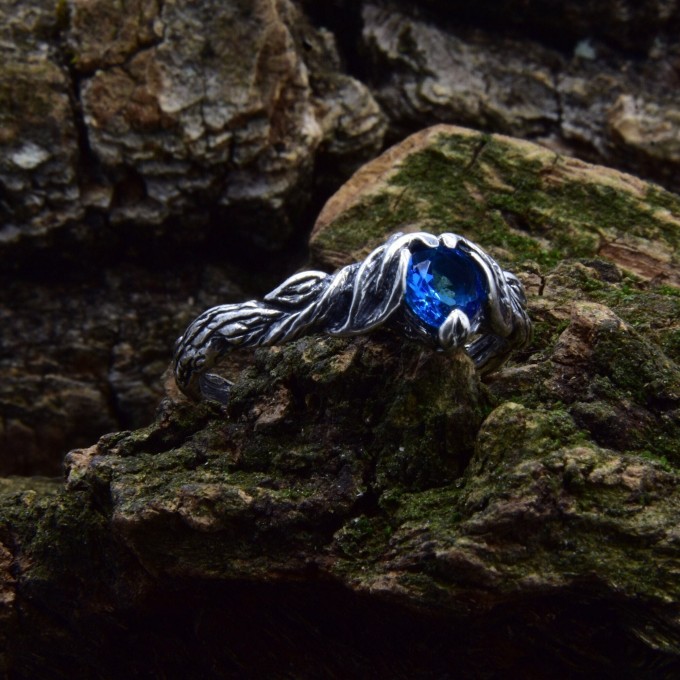Wave of Midnight: Gothic Sterling Silver Ring with a Sapphire Gemstone