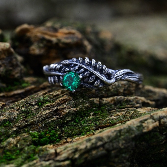 Forest Crown: Gothic Sterling Silver Ring with Emerald Gemstone