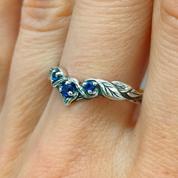Celestial Band: Gothic Sterling Silver Ring with Sapphire Gemstones