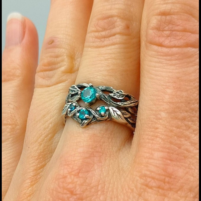 Gothic Silver Ring with Blue Topaz and Nature Design