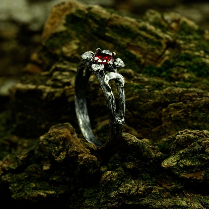 Gothic Floral Ring with Garnet Centerpiece
