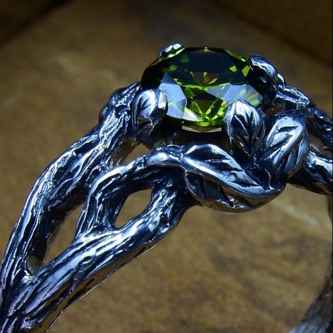 Nature-Inspired Gothic Ring with Bright Olivine