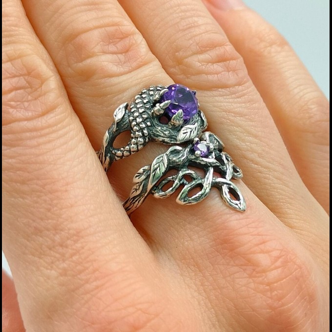 Gothic Dragon Ring with Radiant Amethyst Gemstone