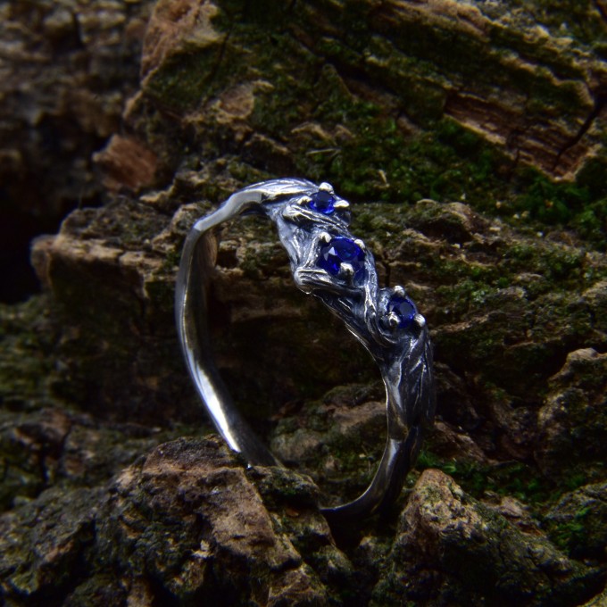 Stars of Midnight: Gothic Sterling Silver Ring with Sapphire Accents
