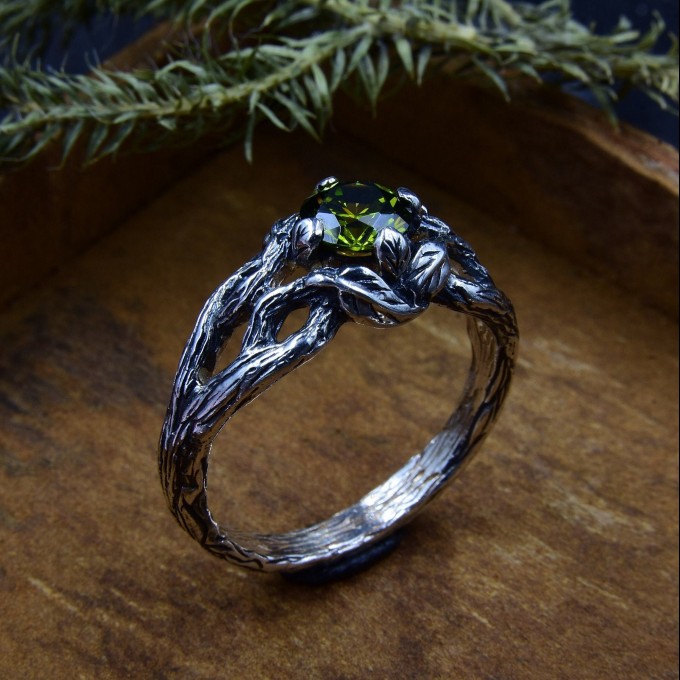 Nature-Inspired Gothic Ring with Bright Olivine