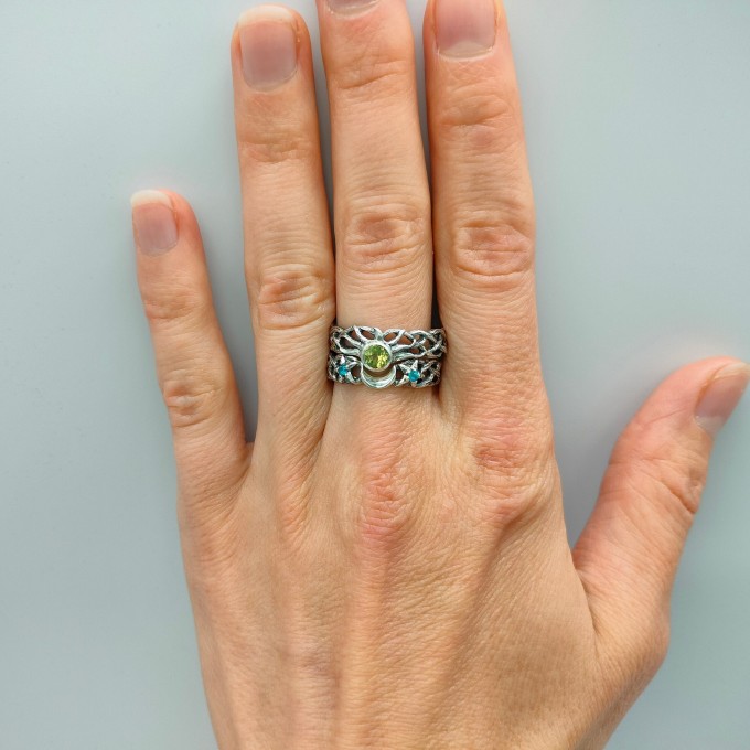 Gothic Peridot and Aquamarine Ring Set with Enchanted Nature Design