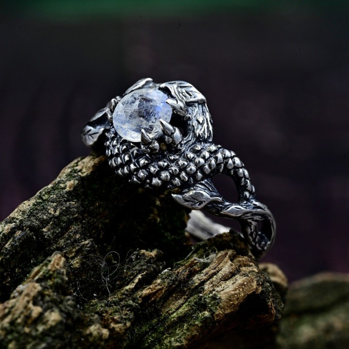 Bold Gothic Ring with Moonstone and Claw Motif